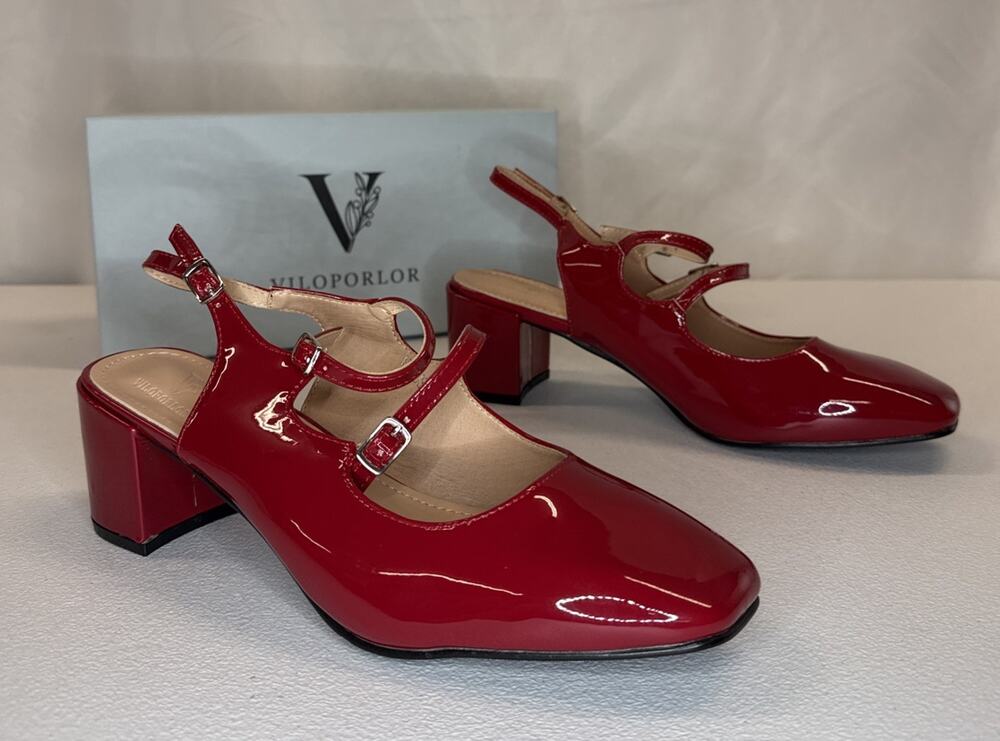 Viloporlor Women’s Mary Jane Shoes Slingback Chunky Heels Red Size 10